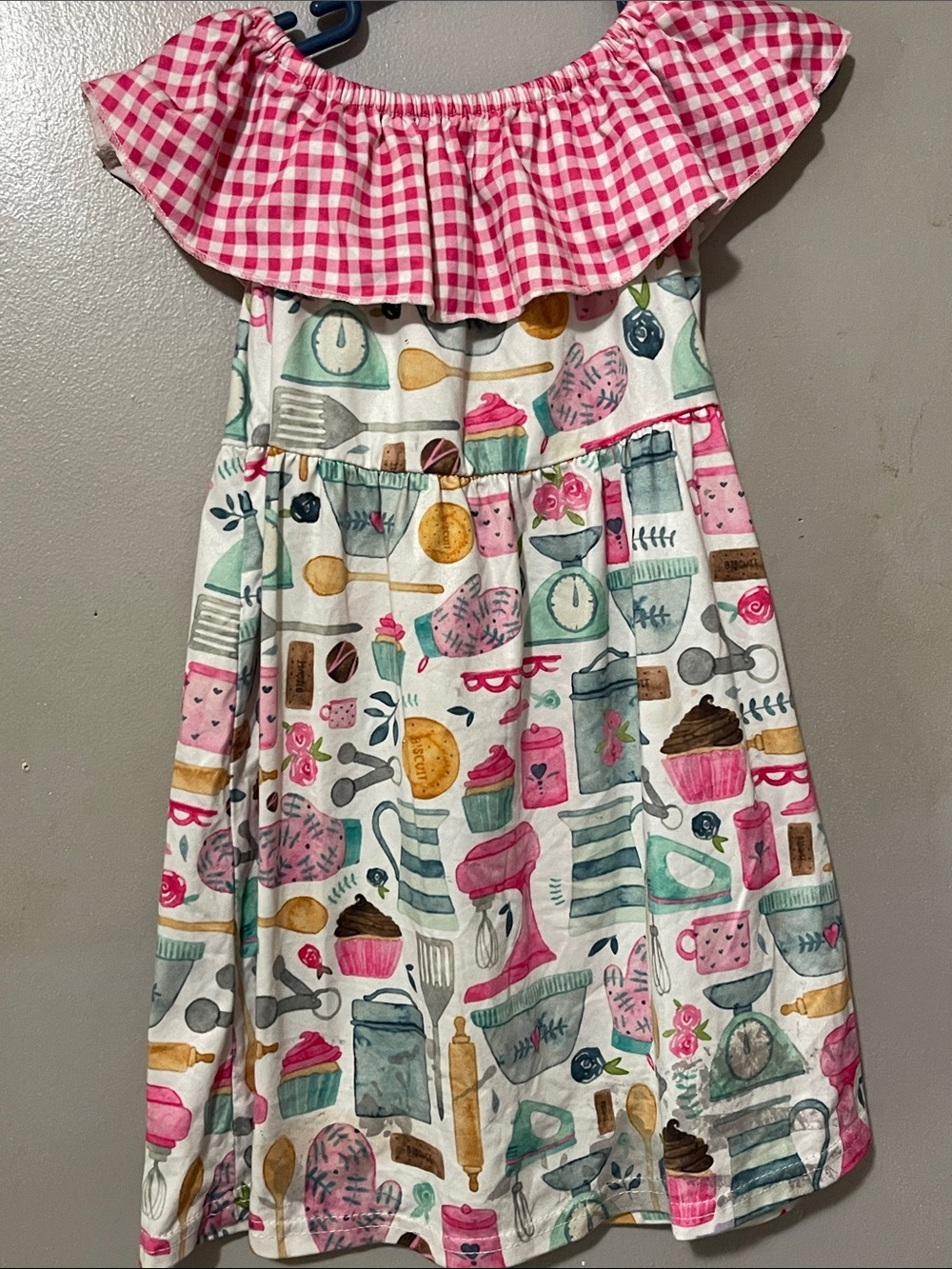 Girls Pink Gingham Off-Shoulder Baking Print Dress